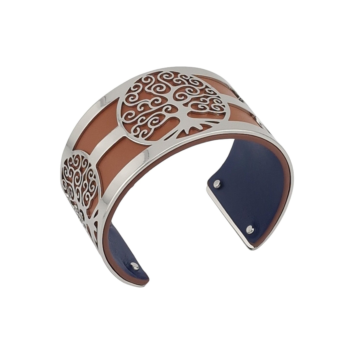 Armbandmanschette Baum des Lebens goldener Lederimitat camel und Marineblau