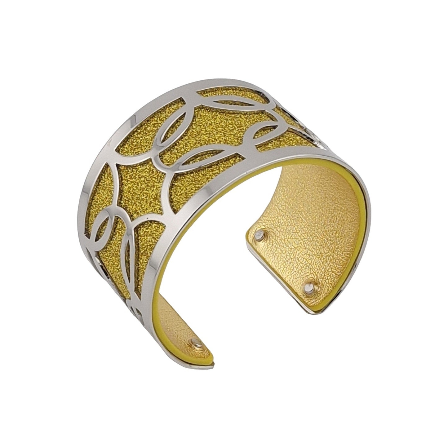 Armband Manschette mit silberner Beschichtung, geflochtenem Leder im Senf-Look und glänzendem Einfarbigem Senf