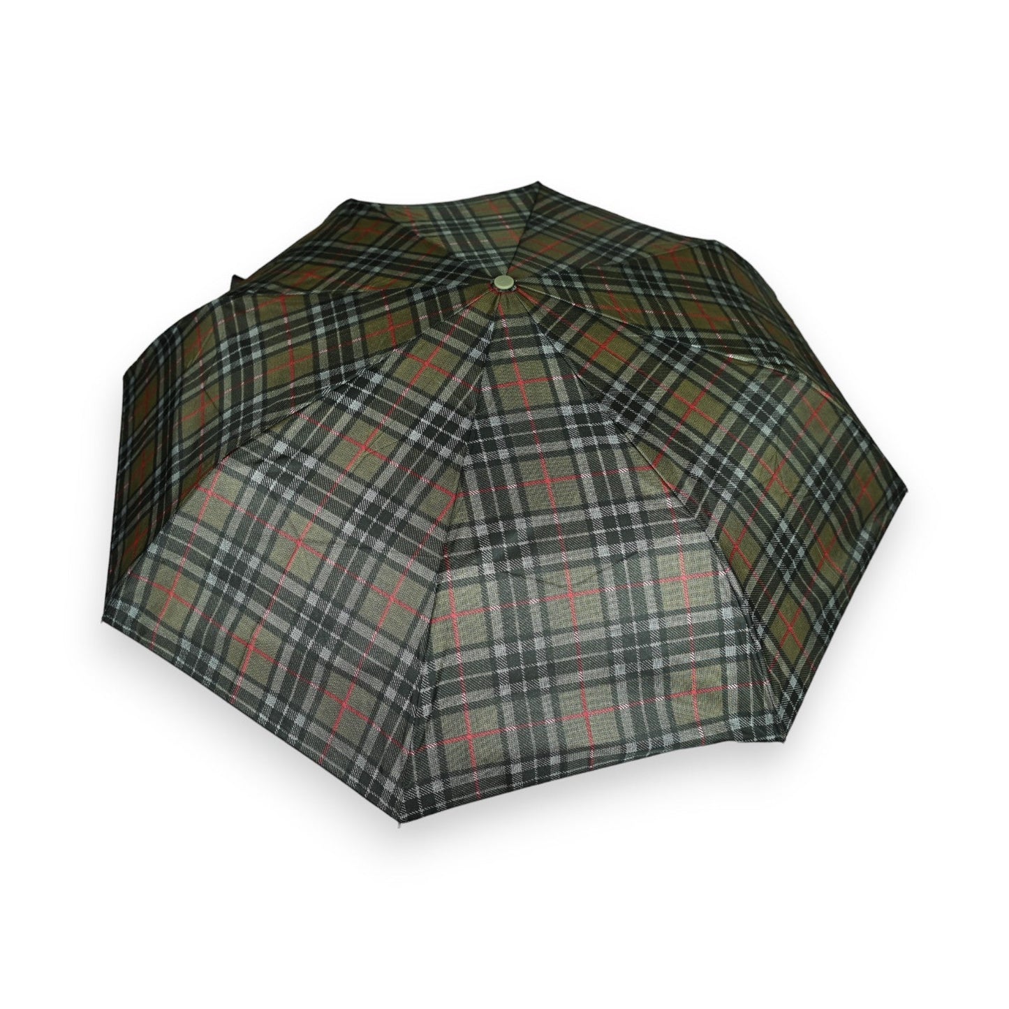 Automatisch faltbarer Regenschirm mit grün-rot-weißem Karomuster, aufgespannt auf weißem Hintergrund