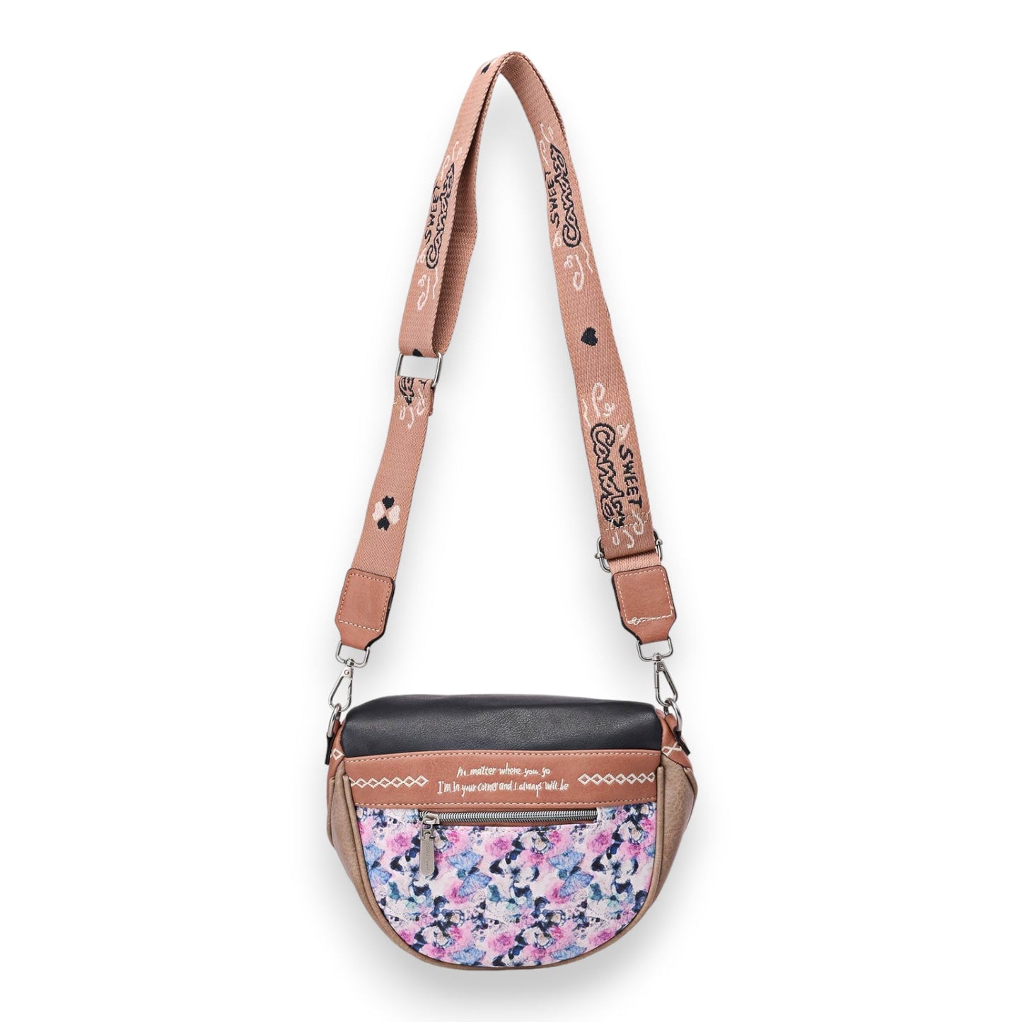 Stylische Bauchtasche mit Blumenmuster, rosa Gurt und schwarzem Leder, als Umhängetasche tragbar, perfekt für den Sommer