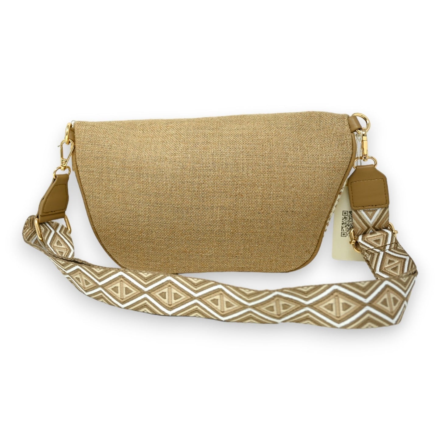 Beige Bauchtasche aus Leinen mit geometrischem Schulterriemen, vielseitig als Schultertasche tragbar