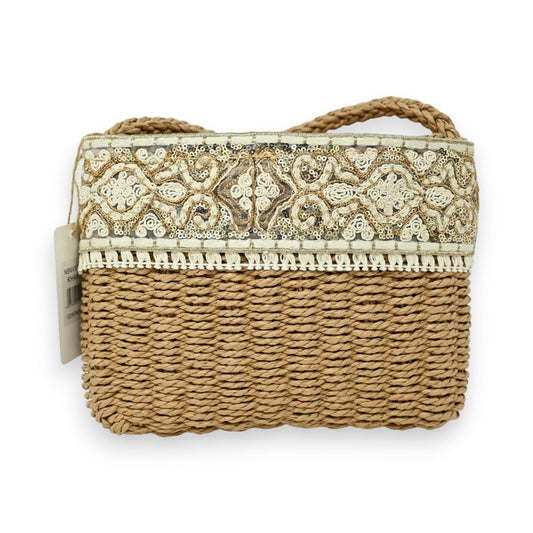 Böhmische Stroh-Umhängetasche mit goldener Stickerei, handgewebter Körper, Fransen-Verzierung, Boho-Stil Strandtasche
