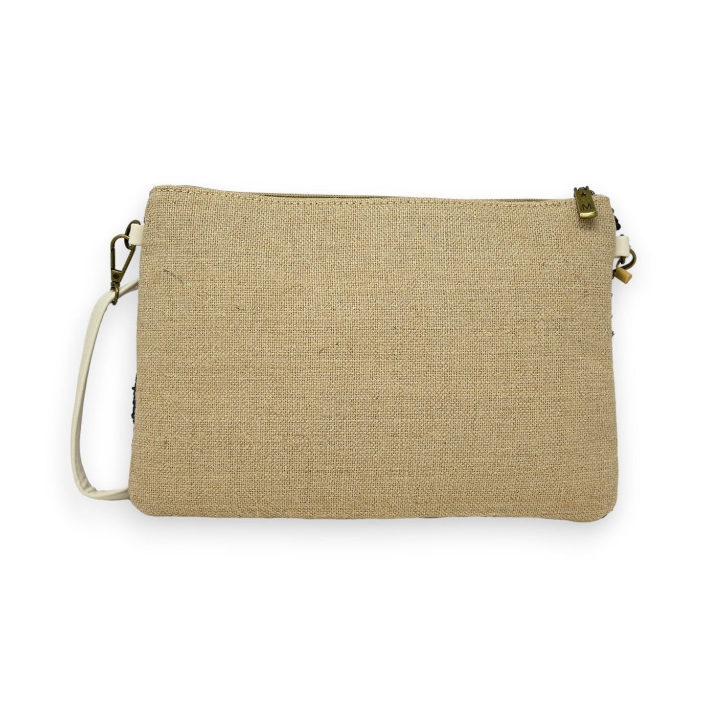 Beige Clutch-Tasche aus Leinenstoff mit Reißverschluss und abnehmbarem Schulterriemen, ideal für elegante Anlässe