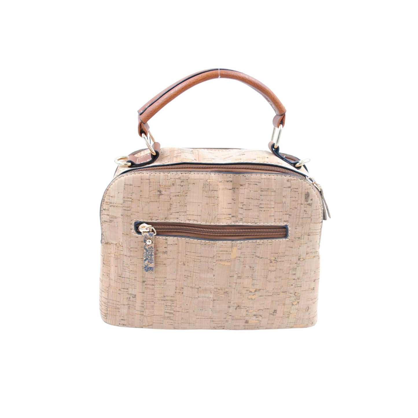 Handtasche aus Kork mit braunem Griff, Reißverschluss und Fronttasche, rechteckige Form, beige Farbe