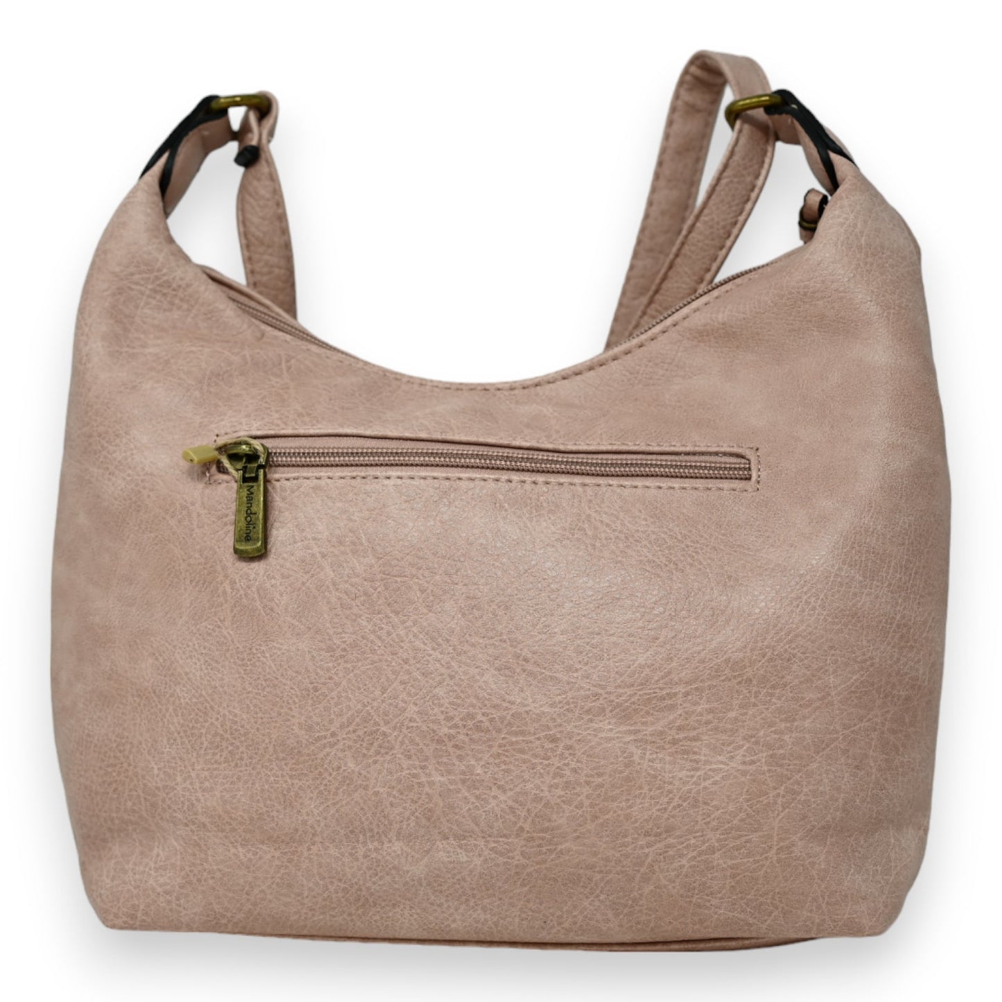 Hellrosa Leder-Umhängetasche mit Doppelgriffen und Reißverschlusstasche vorne, elegantes Design für Damen