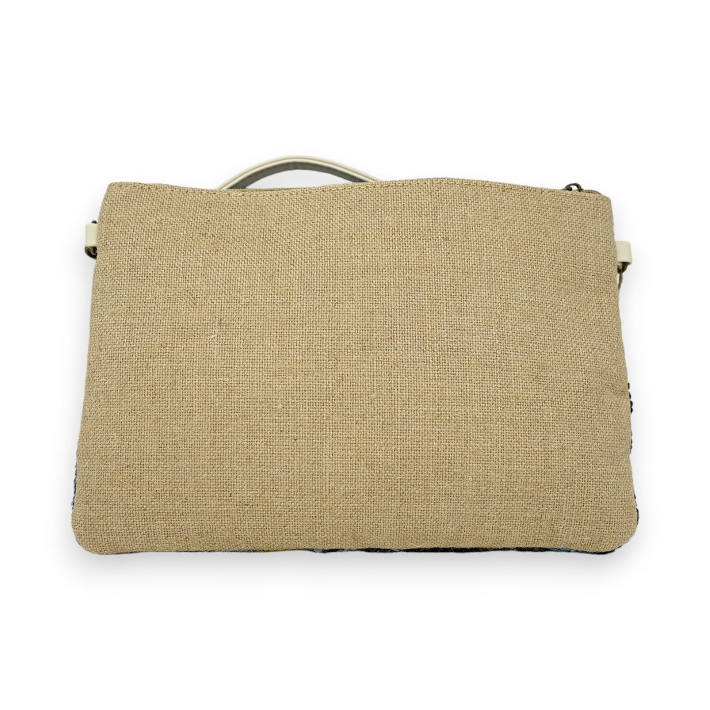 Handtasche aus Jute mit Metallgriff, schlichte beige Vorderseite, blau-gelbe Stickerei und Pailletten auf Rückseite