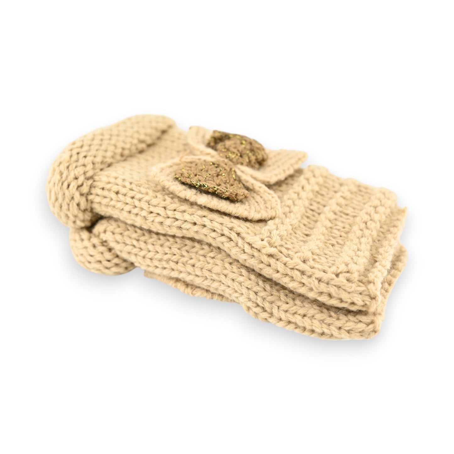 Beige Strickhandschuhe mit goldener Verzierung, handgefertigt aus weicher Wolle, warm und stilvoll für den Winter