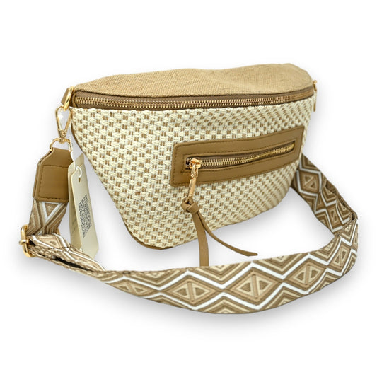 Beige-taupe Bauchtasche mit Schulterriemen, Leinenmuster, Reißverschlüssen und geometrischem Gurtdesign