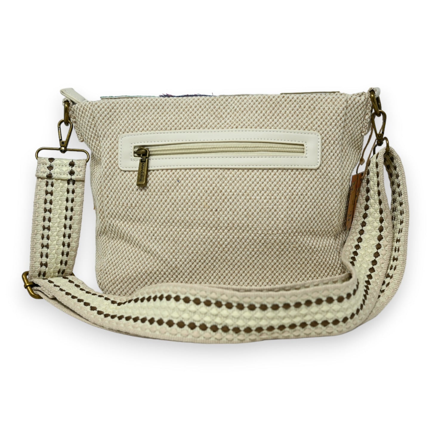 Beige Umhängetasche aus Stoff mit Zipper-Tasche, gewebtem Muster und gestreiftem Schulterriemen