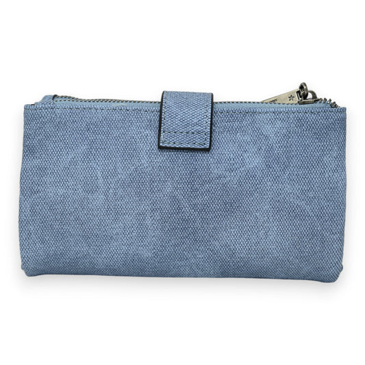 Hellblaue Jeansstoff-Geldbörse mit Reißverschluss und Druckknopfverschluss, rechteckige Form, strukturiertes Textil