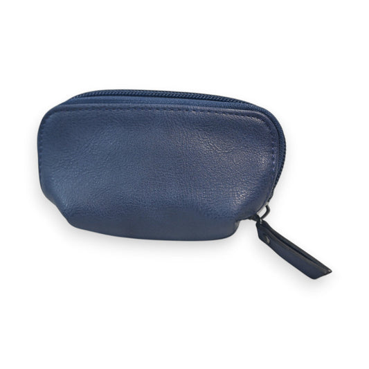 Dunkelblaue Leder-Geldbörse mit Reißverschluss, abgerundete Form, glatte Oberfläche, kompaktes Design