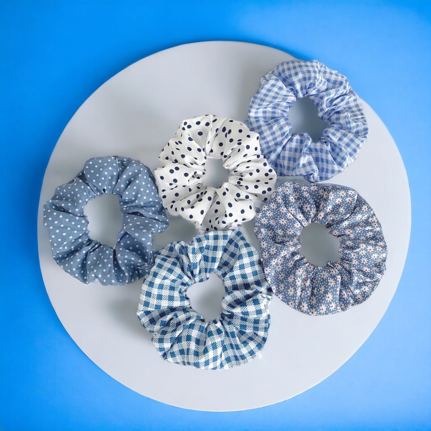 Set von 5 bedruckten blauen Haargummis