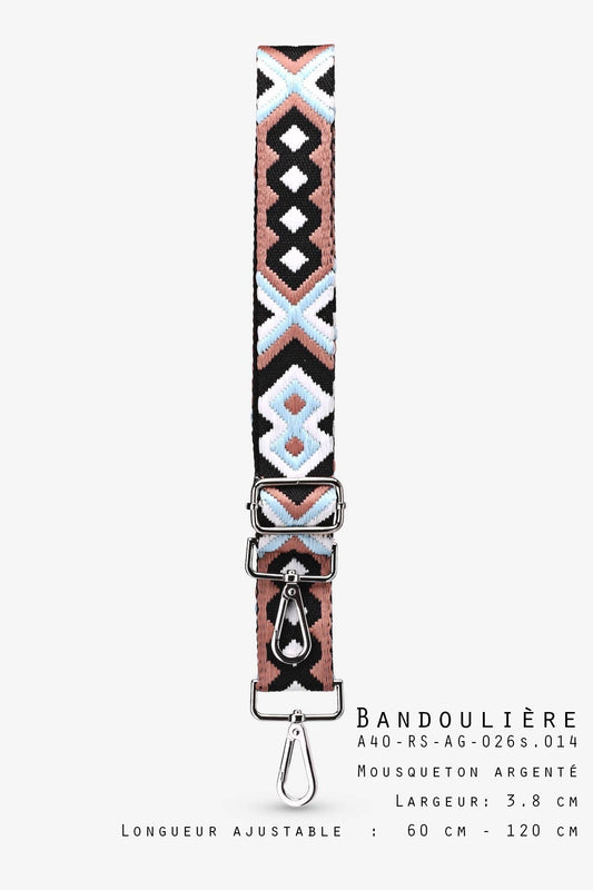 Bunter Boho-Schulterriemen mit Azteken-Muster in Rosa, Hellblau und Schwarz, verstellbar 60-120 cm, Breite 3,8 cm