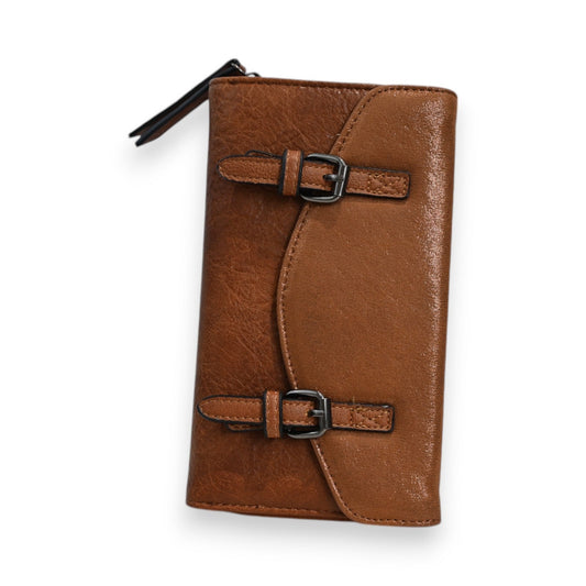 Elegante braune Leder-Geldbörse mit zwei Schnallen, Reißverschluss und strukturierter Oberfläche im Vintage-Stil