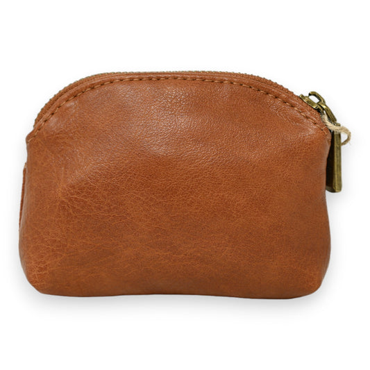 Kleine kamelbraune Leder-Geldbörse mit abgerundeter Form und Reißverschluss, ideal für Münzen und Kleingeld