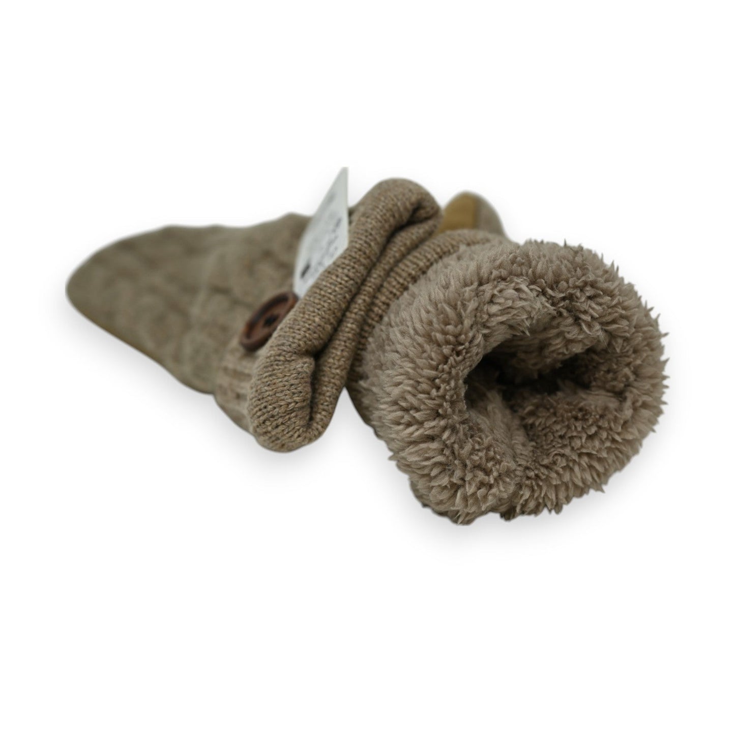 Gestrickte Fäustlinge mit weichem Fleece-Futter, taupe-farbenes Äußeres mit Knopf, kuschelige Winterhandschuhe