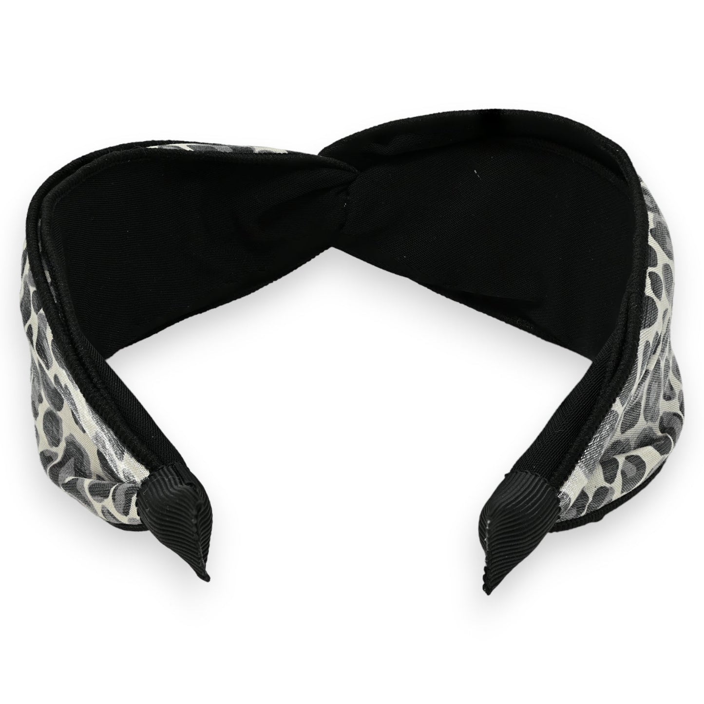 Breites Stirnband mit Leopardenmuster in Grau und Schwarz, gepolstert mit schwarzer Innenseite und Knotendetail
