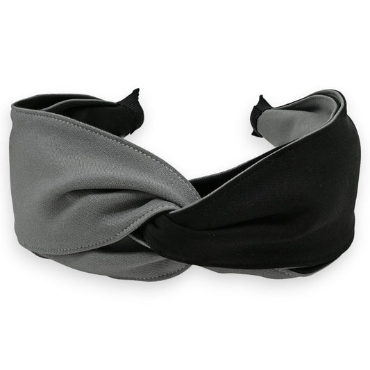 Breites Stirnband in Grau und Schwarz, zweifarbig gekreuzt, modisches Haaraccessoire aus weichem Stoff