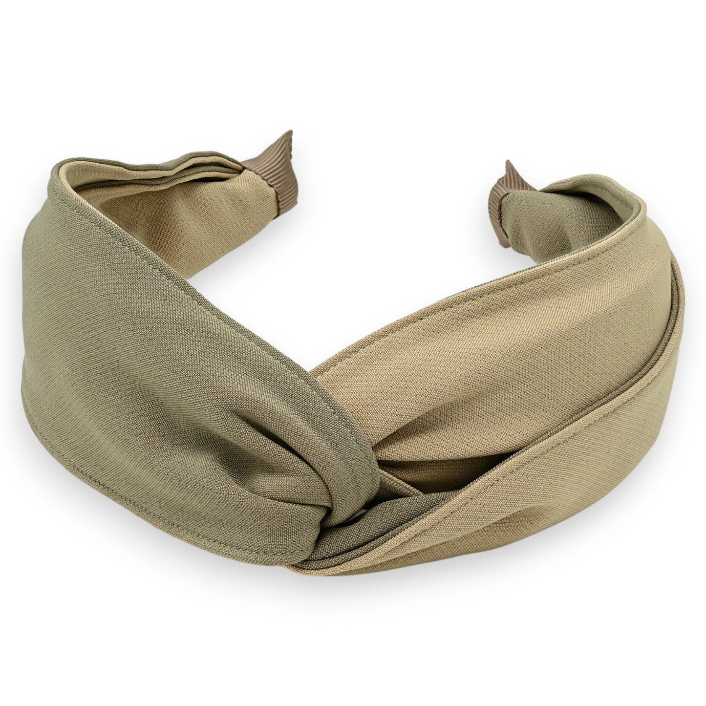 Breites zweifarbiges Stirnband in Beige und Taupe, gekreuzt in der Mitte, elegantes Haaraccessoire für Damen