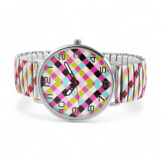 Bunte Damenuhr mit kariertem Zifferblatt und elastischem Armband in Rosa, Grün, Blau und Schwarz