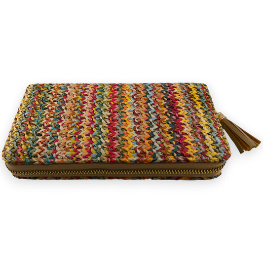 Bunte geflochtene Stroh-Geldbörse mit Reißverschluss und Quaste, handgefertigt aus mehrfarbigen Fasern