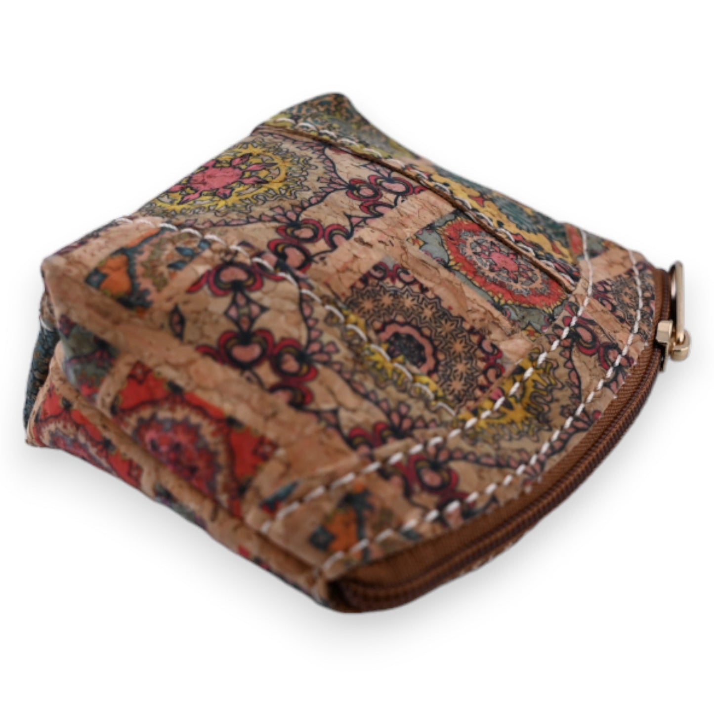Bunte geometrische Korkmuster-Geldbörse mit Reißverschluss, handgefertigt aus nachhaltigem Material