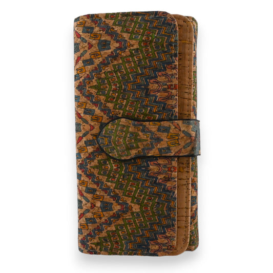Bunte Ledergeldbörse mit geometrischem Muster, Korkmaterial, Vintage-Look, Brieftasche mit Verschluss, Ethno-Design