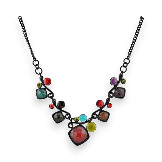 Elegante Halskette mit bunten Edelsteinen in schwarzer Fassung, Ikita Design, vielfarbige Schmucksteine an Kette