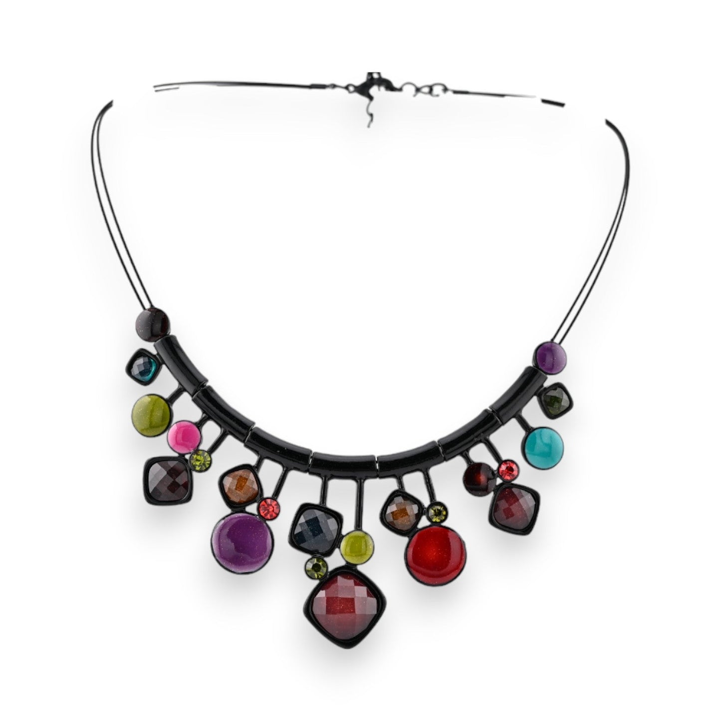 Moderne Halskette mit bunten Anhängern aus Glas und Kristall, schwarze Basis, verschiedene Formen und Farben