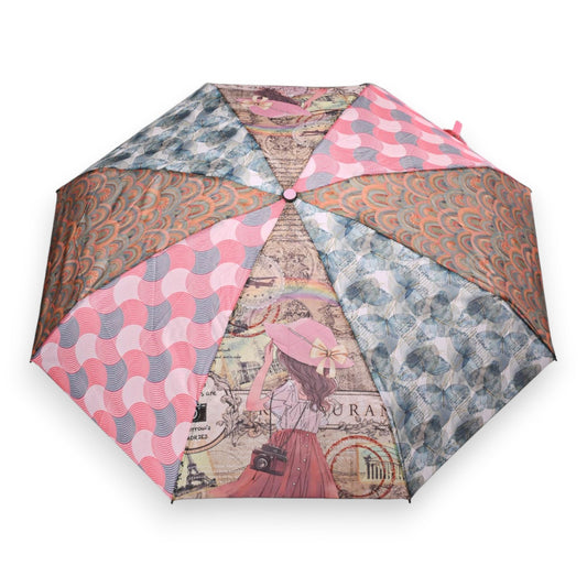Bunter Regenschirm mit Mädchen-Motiv, Reise-Illustrationen und verschiedenen Mustern in Rosa, Blau und Orange