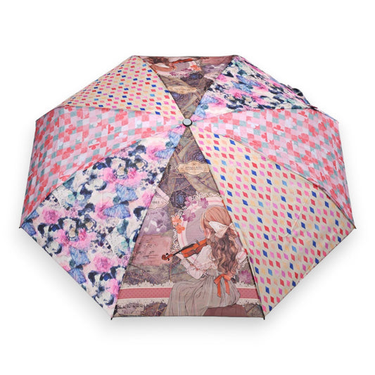 Bunter Regenschirm mit Patchwork-Design aus geometrischen Mustern, Blumen und Illustration eines Mädchens mit Geige