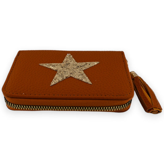 Braune Leder-Geldbörse mit goldenem Sternmotiv, Reißverschluss und Quaste, kompaktes Design für Münzen und Karten