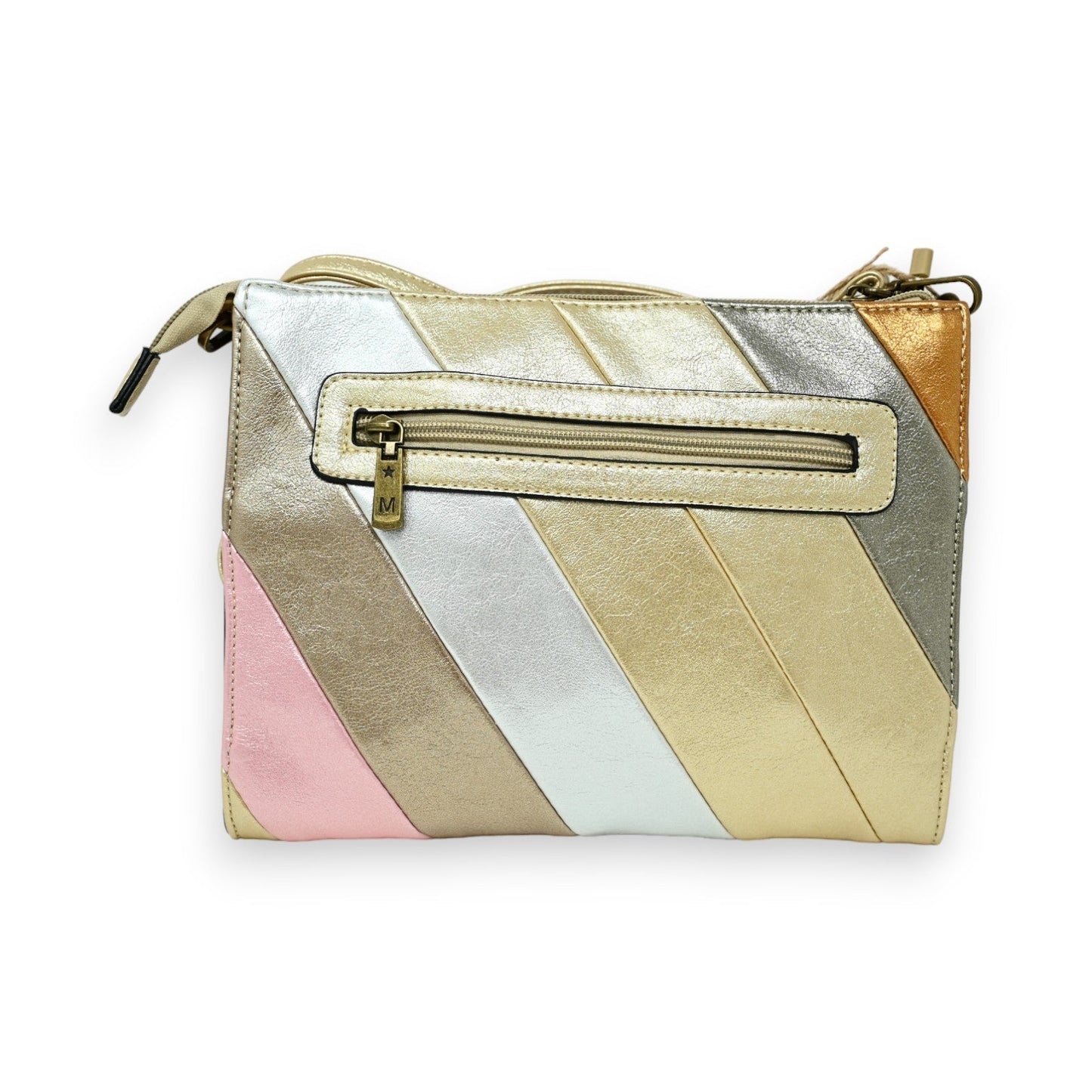 Clutch-Tasche mit diagonalen Streifen in Pastellfarben, glänzendem Metallic-Look und Reißverschluss-Vordertasche