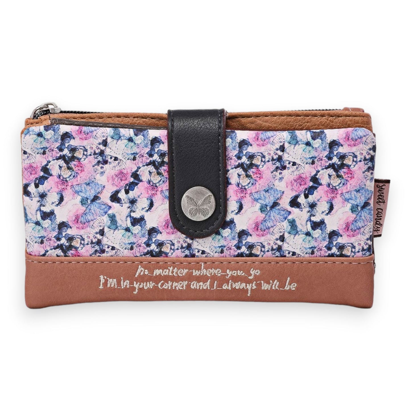 Geldbörse mit Schmetterling-Muster, rosa-blau, Lederdetails, Reißverschluss und Knopfverschluss, inspirierender Spruch