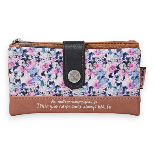 Geldbörse mit Schmetterling-Muster, rosa-blau, Lederdetails, Reißverschluss und Knopfverschluss, inspirierender Spruch