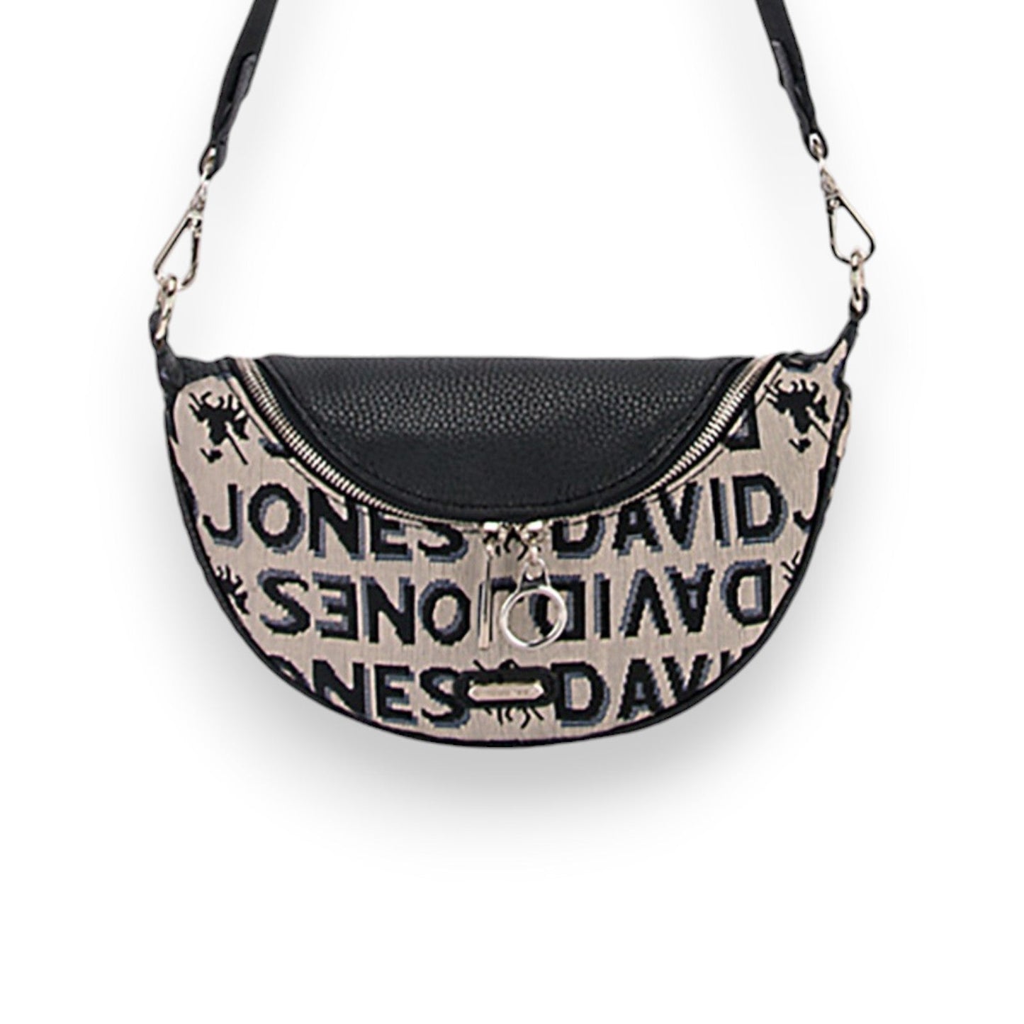 Schwarze Umhänge-Gürteltasche mit David Jones Logo-Aufdruck, Reißverschluss und verstellbarem Riemen