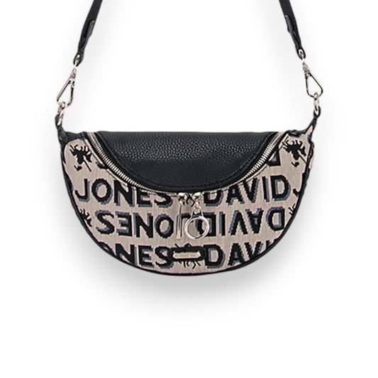 Schwarze Umhänge-Gürteltasche mit David Jones Logo-Aufdruck, Reißverschluss und verstellbarem Riemen