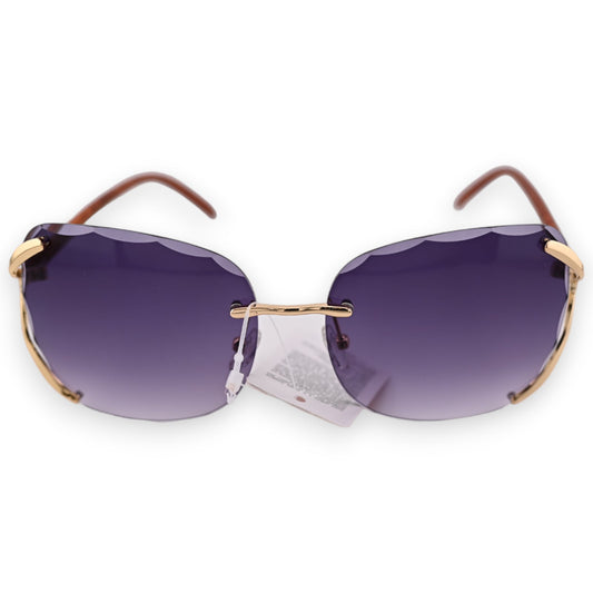 Elegante Sonnenbrille mit rahmenlosen, violett getönten Gläsern und goldenen Bügeln, modisches Accessoire