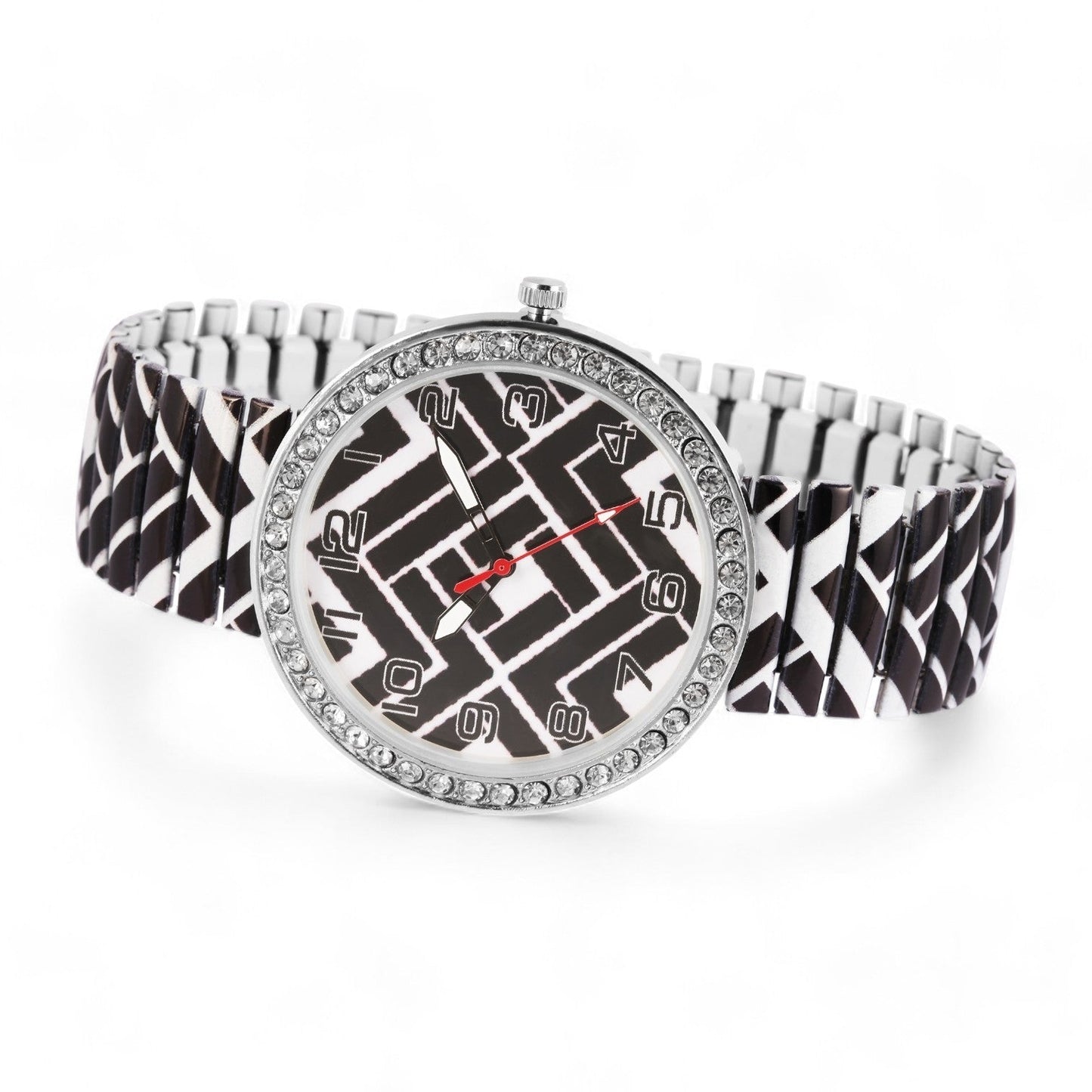 Elegante Damenuhr mit schwarz-weißem Zifferblatt, Strass-Lünette und passendem Armband im geometrischen Design