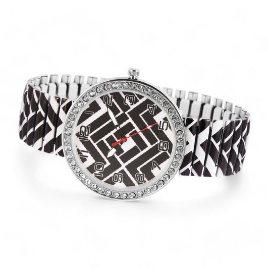 Elegante Damenuhr mit schwarz-weißem Zifferblatt, Strass-Lünette und passendem Armband im geometrischen Design