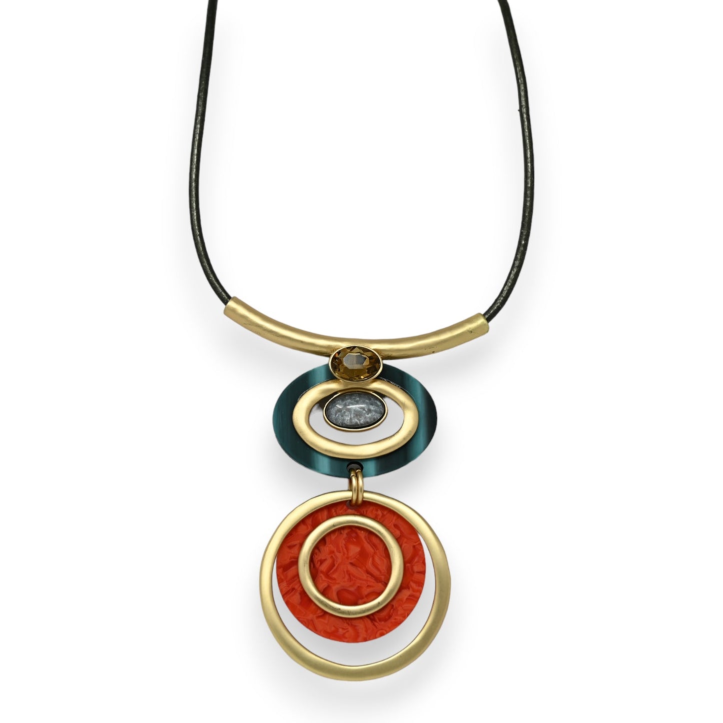 Moderne Halskette mit geometrischem Doppelmedaillon-Anhänger in Gold, Orange und Blau auf schwarzem Lederband