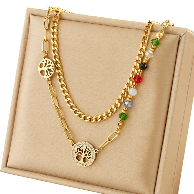 Doppelreihige Halskette aus vergoldetem Edelstahl "Tree of Life"