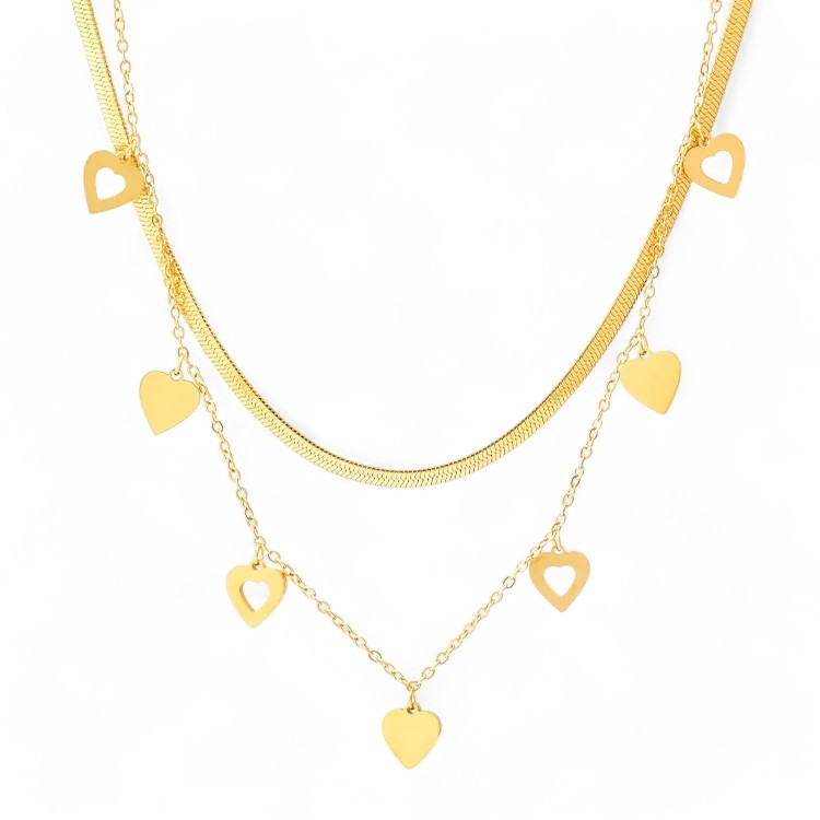 Doppelreihige vergoldete Halskette mit Herz-Anhängern, eine Kette schlicht, die andere mit fünf goldenen Herzen