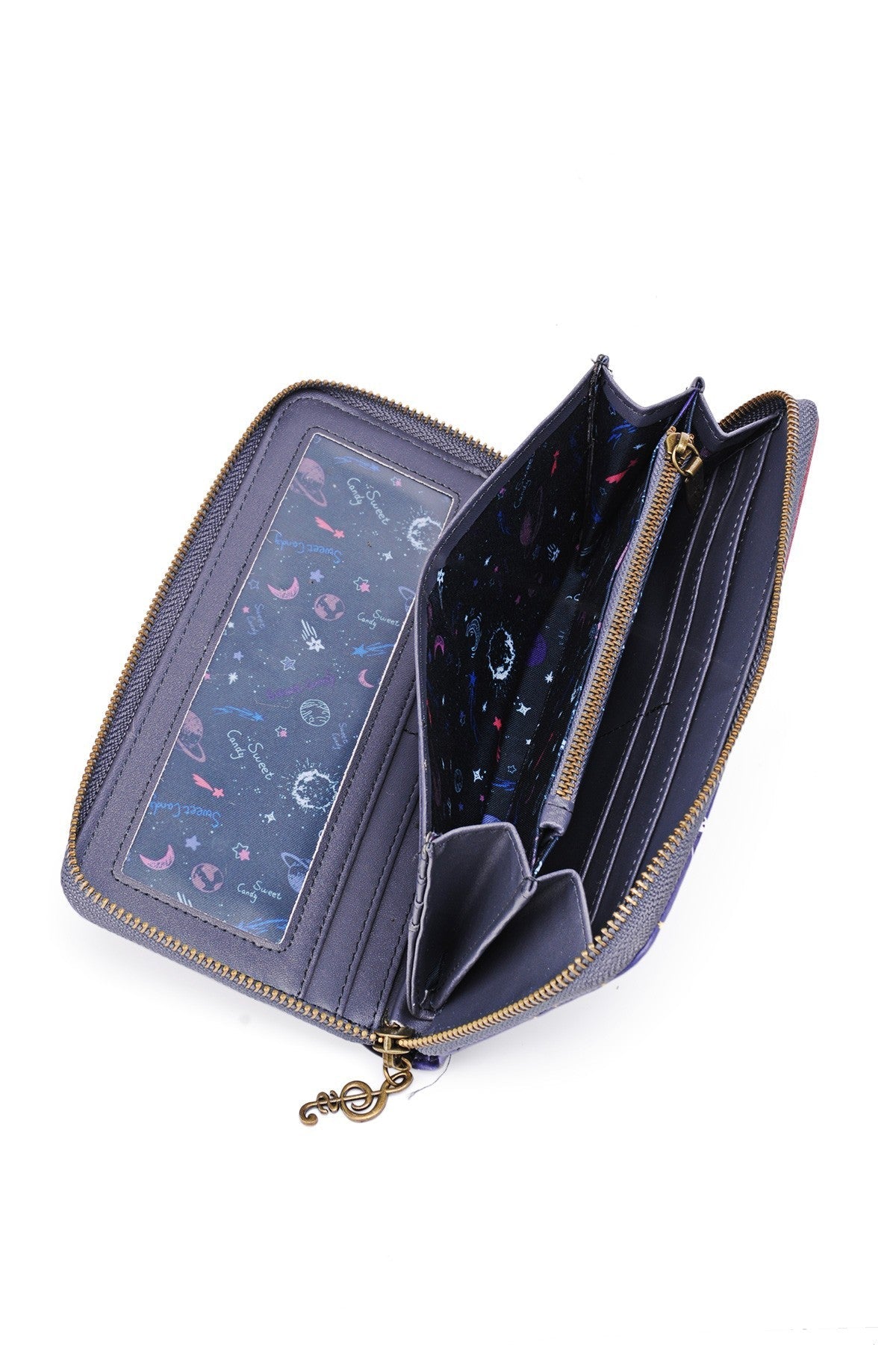 Dunkelblaues Portemonnaie mit Reißverschluss, Sternenmuster-Innenfutter und Sichtfenster für Ausweis, Musiknoten-Anhänger