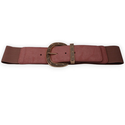 Elastischer Damengürtel in Altrosa mit goldener Schnalle, breitem Lederband und dekorativem Metallbesatz
