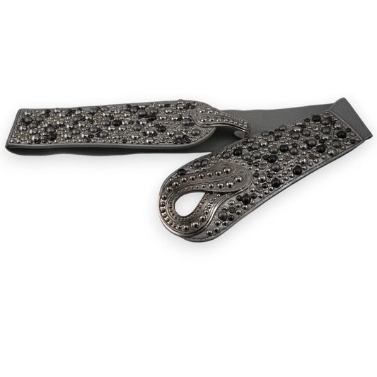 Elastischer Damengürtel mit silberfarbenen und grauen Nieten, kunstvoll verzierte Schnalle, modisches Accessoire