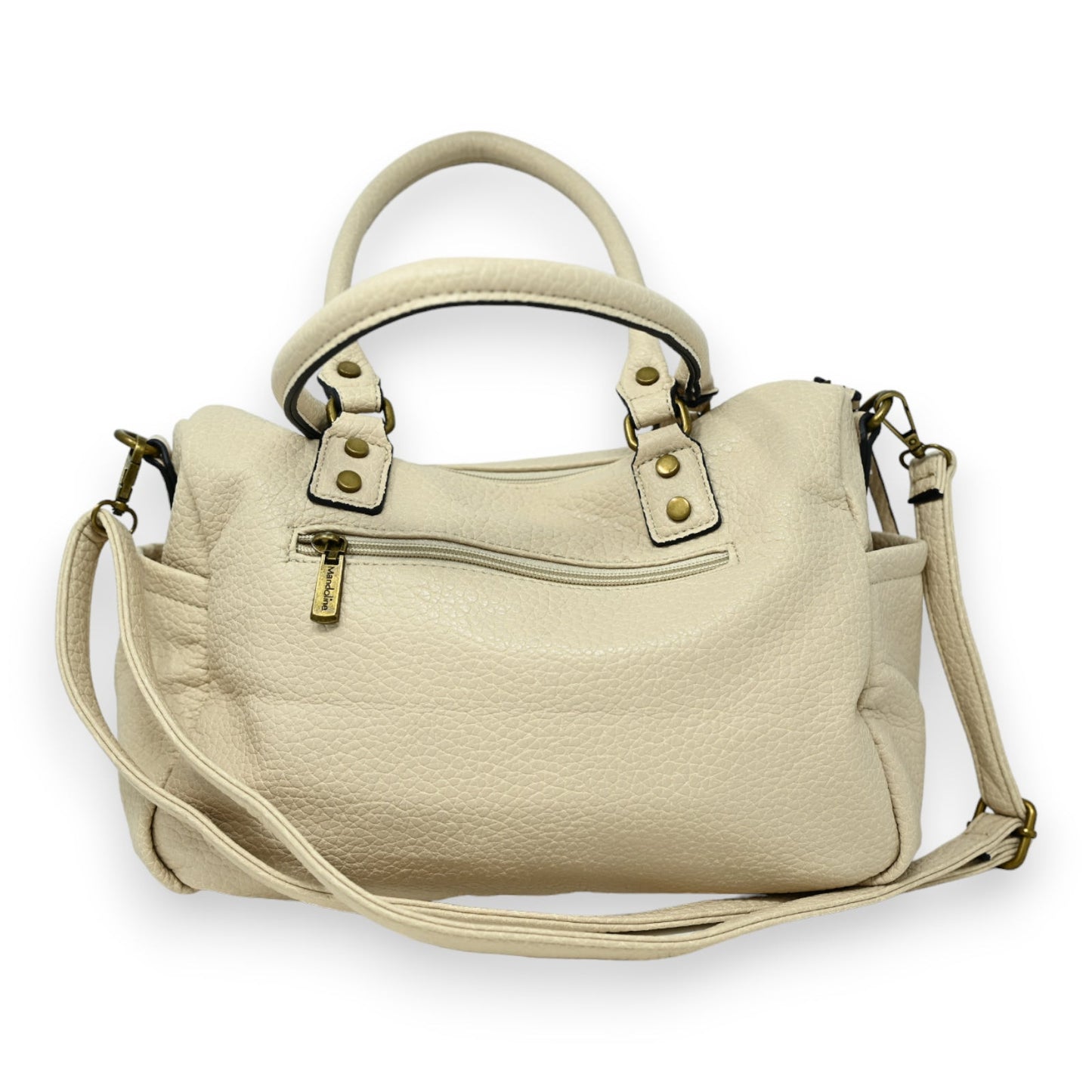 Elegante beige Lederhandtasche mit Schulterriemen, Reißverschluss und Metallelementen, geräumig und vielseitig