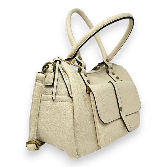 Elegante beige Lederhandtasche mit mehreren Fächern, Doppelgriffen und Reißverschluss, perfekt für den Alltag