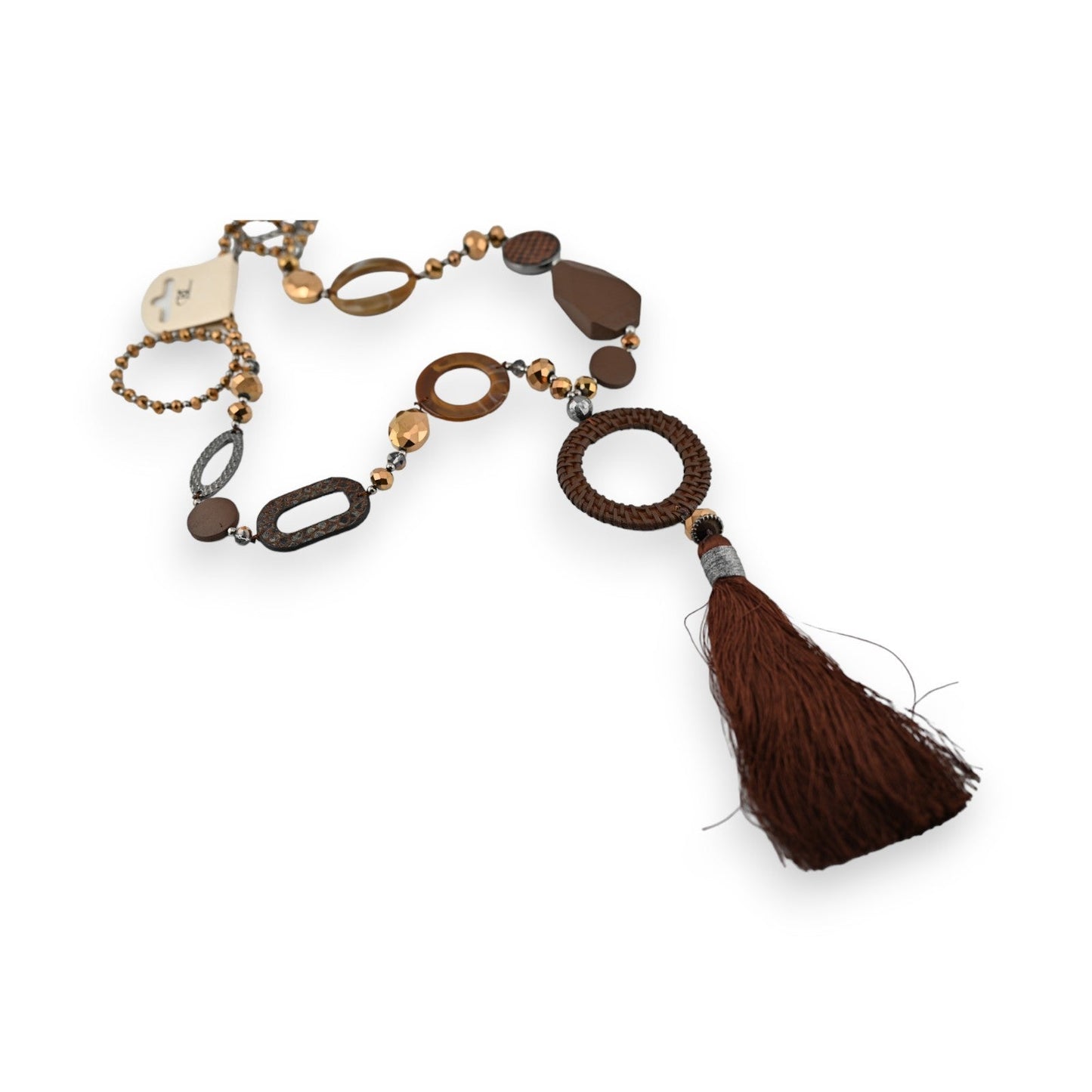 Elegante lange Halskette mit braunen und goldenen Elementen, Holzringen und Quaste, Boho-Stil Modeschmuck