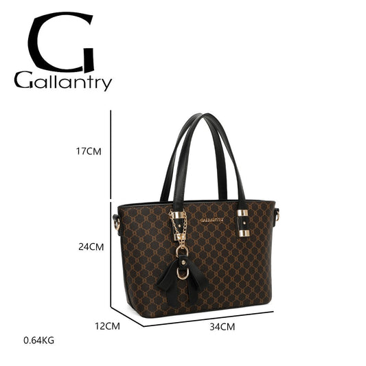 Elegante Gallantry Damenhandtasche mit braunem Muster, schwarzen Griffen und Golddetails, 34x24x12cm, 0,64kg
